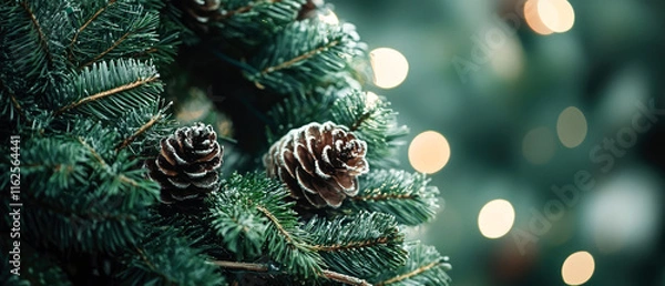 Fototapeta Christmas eco natural background with fir branches, cones. Magical holidays mockup.Minimal banner for seasonal celebrations. Generative ai	