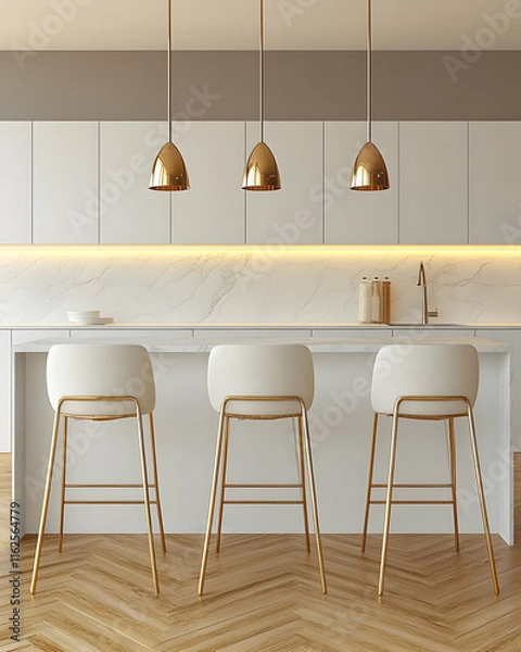 Fototapeta Modern kitchen interior design with white marble countertops, gold pendant lights, and three minimalist white bar stools.  A sophisticated and elegant space.