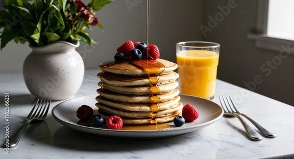 Fototapeta Pancake stack with syrup fresh berries and a glass of orange juice in a morning spread