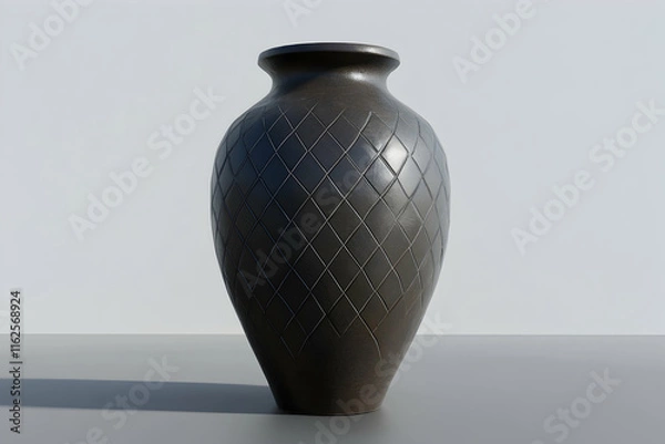 Fototapeta Elegant dark brown ceramic vase with a diamond pattern, isolated on a light grey background.  Perfect for home decor, interior design, or minimalist aesthetic.