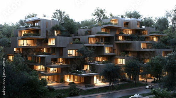 Fototapeta Stunning modern apartment building nestled in a lush forest at dusk.  Illuminated windows showcase comfortable interiors.