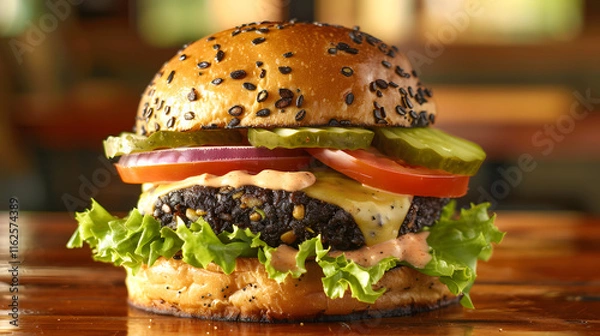 Fototapeta Hearty black bean burger with avocado and smoky chipotle mayo in diner lighting on a wooden table