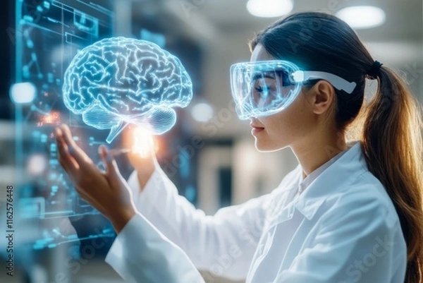 Fototapeta A futuristic holographic interface showing clever solutions forming around a glowing brain model