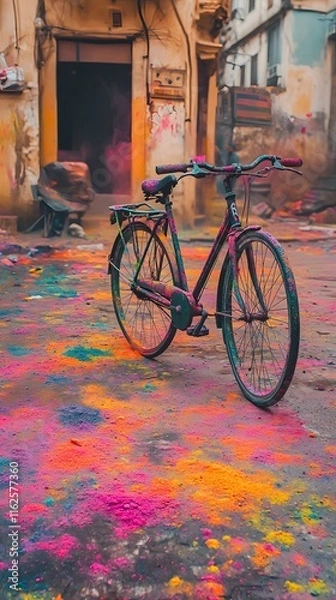 Obraz Colorful Bicycle on Vibrant Street after Holi Celebration Festivities