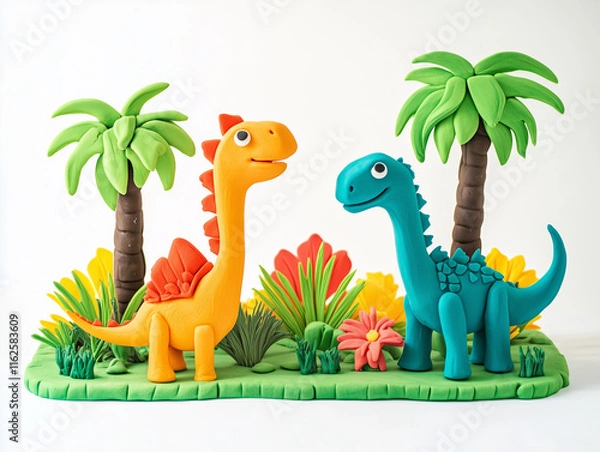 Fototapeta Dinosaurs made from Plasticine modeling clay isolated on white background
