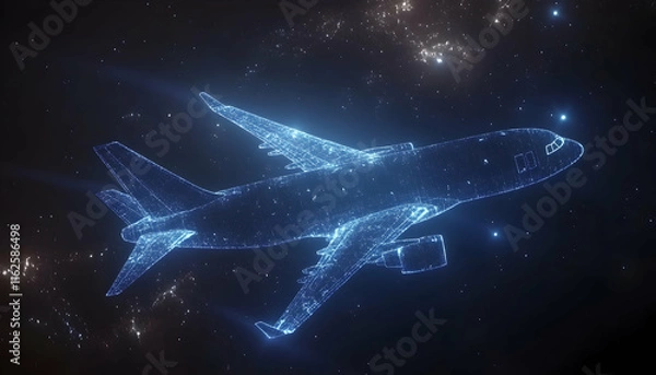 Fototapeta Futuristic digital airplane design, glowing lines against starry night sky.  Perfect for travel, technology, and innovation concepts.