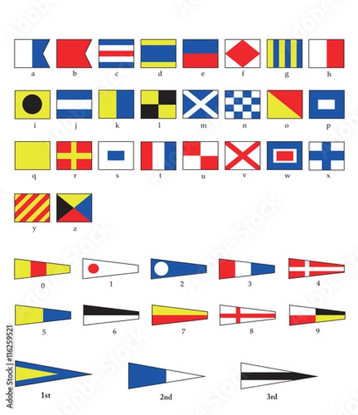 Fototapeta Kompletny zestaw flag żeglarskich dla liter i cyfr, w tym liczb porządkowych. Format wektorowy Eps10.