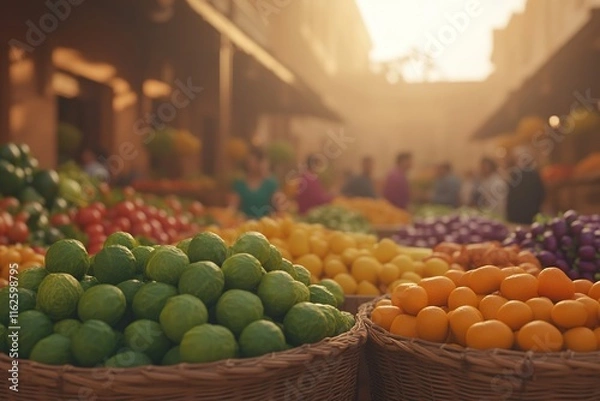 Fototapeta vibrant scene of colorful produce displayed in baskets under soft sunlight bright greens oranges and purples forming