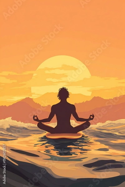Fototapeta Meditation at sunset over the ocean with calm waves and serene mountains in the background