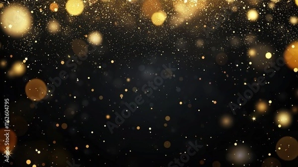 Obraz Golden dust and glitter bokeh particles effect against black background. Shimmering gold lights abstract overlay