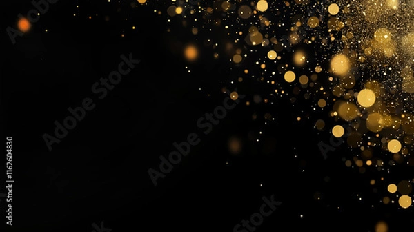Obraz Festive golden bokeh and dust particles shimmering in the air,  gold lights and dark background with copy space