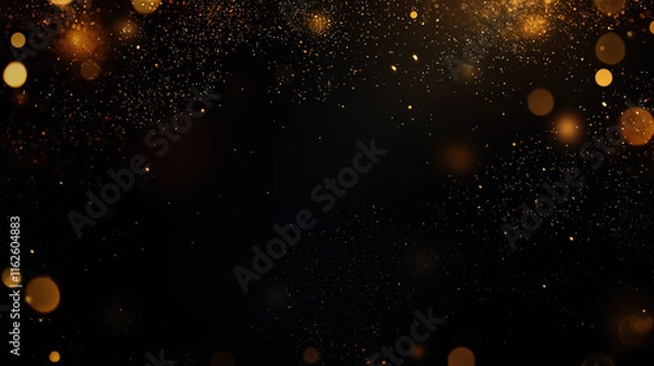 Obraz Golden dust shimmering bokeh. Glowing gold glitter particles abstract background, warn festive overlay