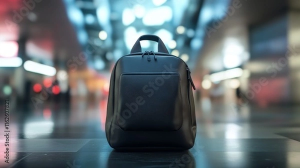 Fototapeta School advertising banner featuring a realistic, blurred backpack in black, perfect for back-to-school promotions, educational events, and student-focused marketing campaigns