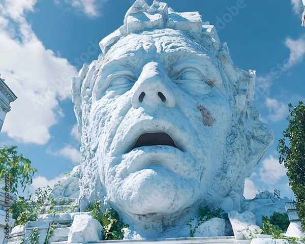 Fototapeta Immense weathered stone head sculpture, ancient ruins, overgrown with vegetation, against a vibrant blue sky.  A powerful image evoking mystery and history.