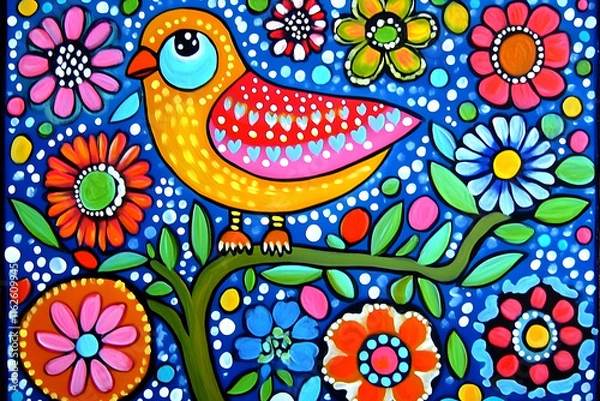 Fototapeta Vibrant folk art painting of a cheerful bird perched on a flowering branch, bursting with colorful flowers and dots on a deep blue background.