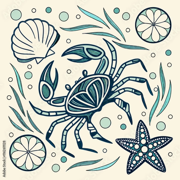 Fototapeta A detailed beach-inspired pattern with crabs, seashells, starfish, and sand dollars, blending intricate line art and coastal colors for a treasure hunt vibe.
