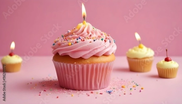Fototapeta Un pastelito rosa con una vela encendida sobre un fondo rosa, rodeado de otros pastelitos