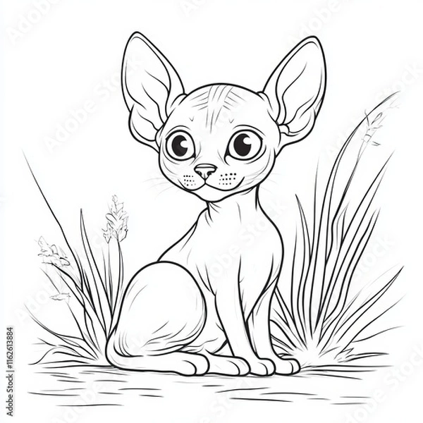 Fototapeta A cute, cartoon-style illustration of a sitting cat with large eyes and prominent ears, surrounded by grass.