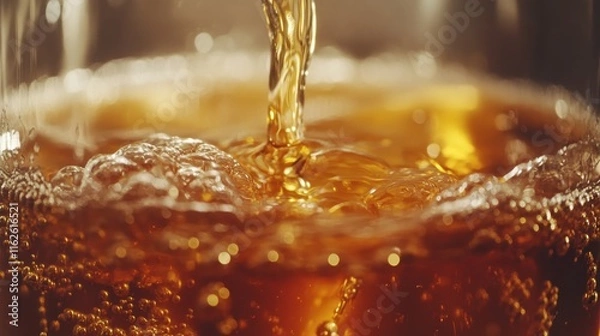 Obraz Close-Up of Refreshing Amber Liquid Being Poured into a Glass with Bubbling Effervescence and Golden Hues