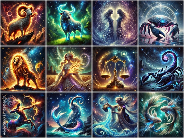 Fototapeta set of thumbs of all twelve zodiac signs in fantasy style, illustration of astrology concept 