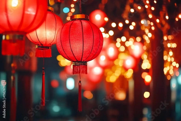 Obraz Chinese festive lantern along the street at night with bokeh 