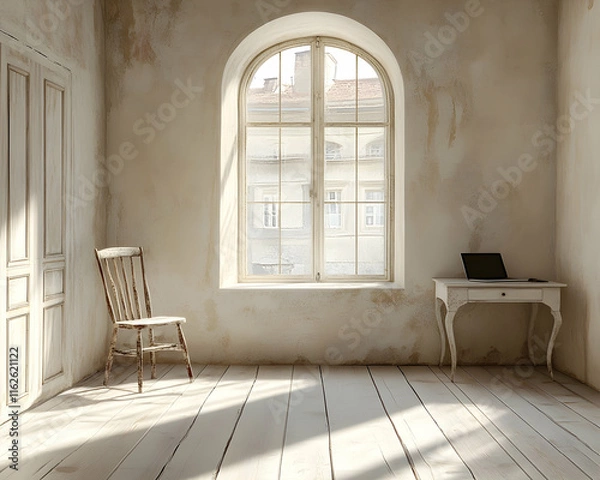 Fototapeta Serene minimalist room interior; rustic chair, laptop on antique desk, large arched window with sunlit view. Perfect for blogs, home decor, or peaceful workspace concepts.