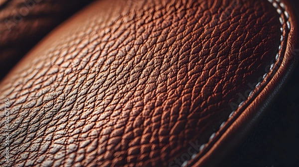 Fototapeta Close-up macro shot of rich brown leather texture, showcasing intricate grain and stitching detail. Ideal for luxury, fashion, or design projects.