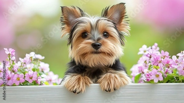 Obraz Adorable yorkshire terrier behind flower box in spring garden setting