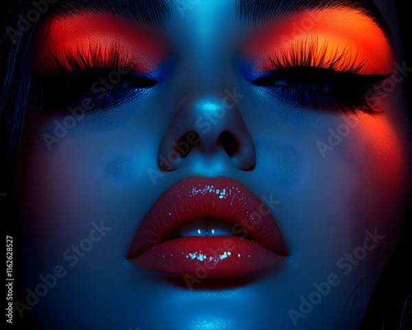 Fototapeta Close-up of a woman's face, vibrant red eyeshadow and lipstick, illuminated by blue and orange lighting.  Dramatic makeup and intense gaze.