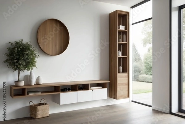 Fototapeta Modern White And Wood Foyer Design With Wall Mounted Storage Unit
