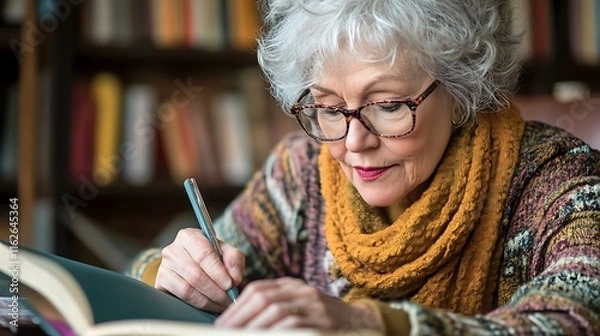 Fototapeta A senior woman learning to write poetry in a creative writing workshop