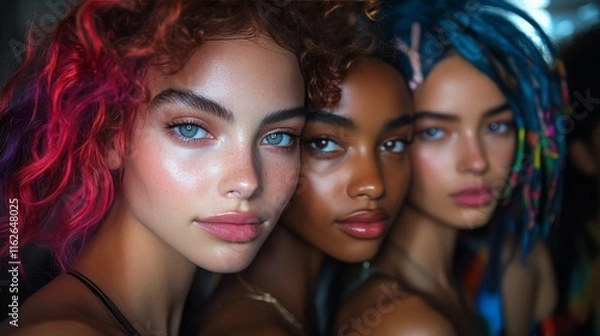 Fototapeta Diverse women with striking features posing closely together with natural lighting indoors