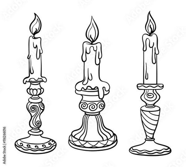 Fototapeta Vector illustration, outline, coloring book, set, candle in a candlestick, flame, hand-painting, abstraction