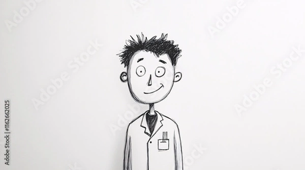 Obraz A playful black and white sketch of a male scientist with spiky hair and a friendly smile wearing a lab coat  
