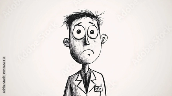 Obraz A minimalist black and white sketch of a concerned male scientist with wide eyes messy hair and a lab coat  
