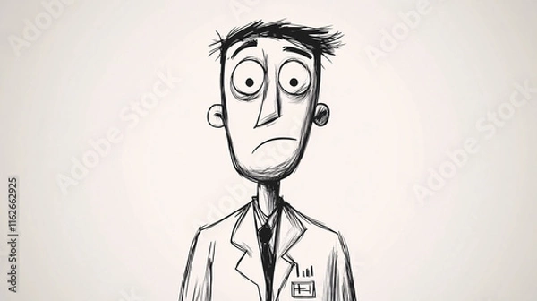 Obraz A hand-drawn black and white sketch of a worried male scientist in a lab coat with wide eyes and messy hair  
