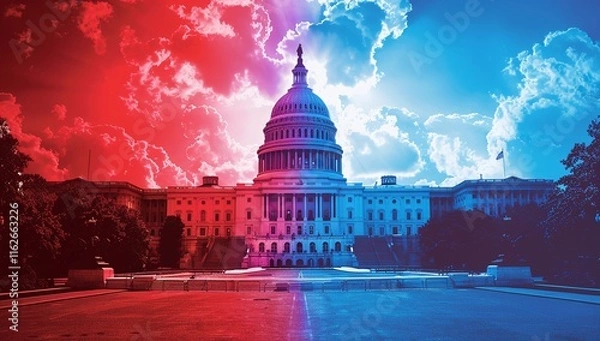 Fototapeta The US Capitol Building dramatically split by opposing colors, symbolizing political division.