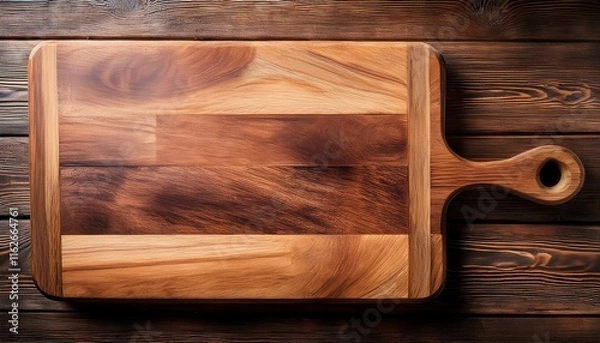 Fototapeta A cuisine background with ample copy space. A kitchen cutting board rests on the aged wooden planks of an old table.