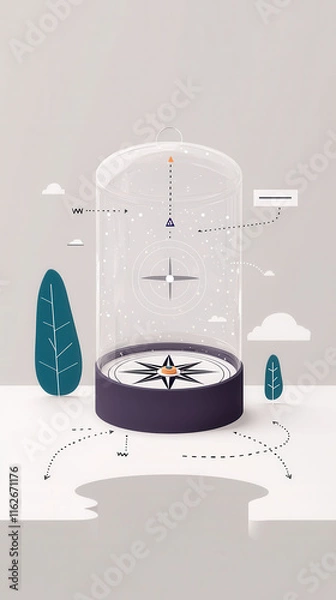 Fototapeta A digital compass icon surrounded by geometric elements.