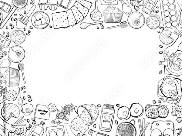 Obraz Baking Recipe Frame Vector Template in Vintage Style with Doodles