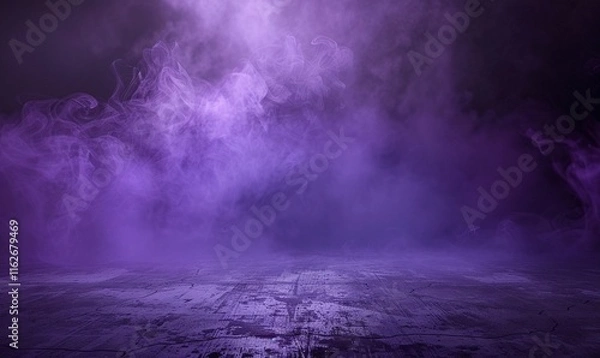 Fototapeta Mysterious purple smoke fills a dark room, creating an ethereal and moody atmosphere. The textured floor adds depth to the scene.