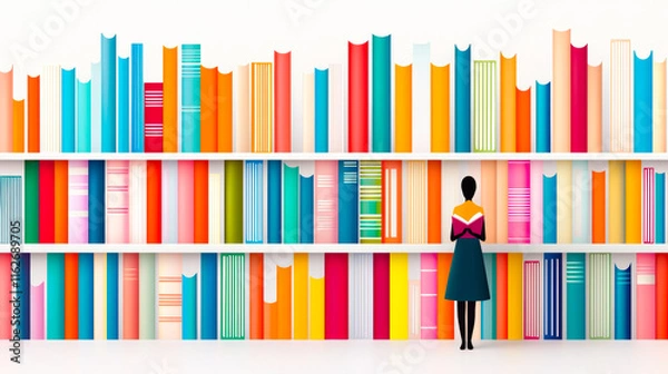 Fototapeta Person observing a colorful bookshelf filled with various books in a modern interior setting
