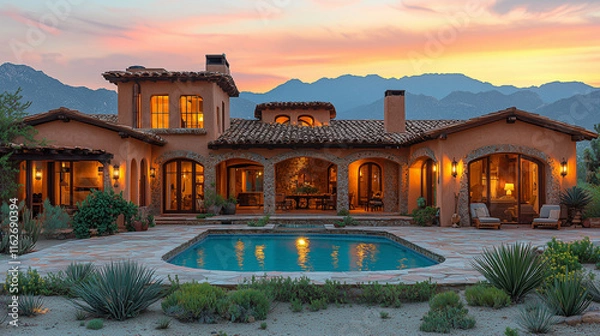 Fototapeta Maison de luxe de style Santa Fe avec architecture adobe traditionnelle