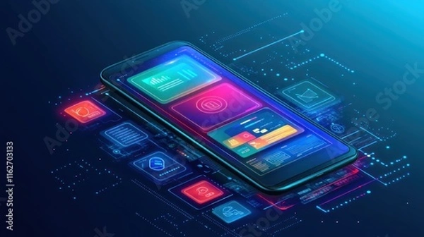 Fototapeta A digital smartphone displaying various app interfaces and icons in a futuristic design.