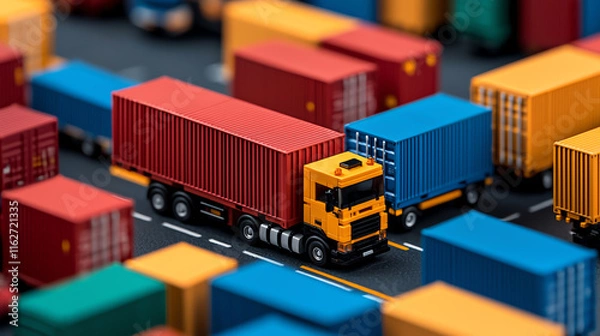 Fototapeta Busy distribution center with colorful shipping containers and trucks