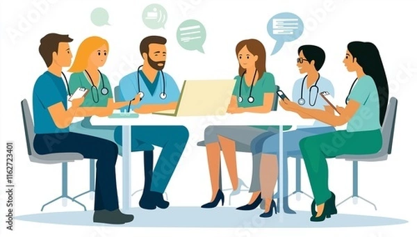 Fototapeta 
A group of medical professionals gathered around an open laptop, discussing patient data and health information in a flat vector style illustration with a white background.