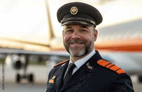 Fototapeta A handsome male pilot stands in front of an airplane, smiling and wearing his uniform with the captain's hat on