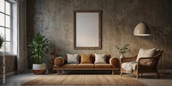 Fototapeta Mockup frame in nomadic boho interior background with rustic decor, 3d render	
