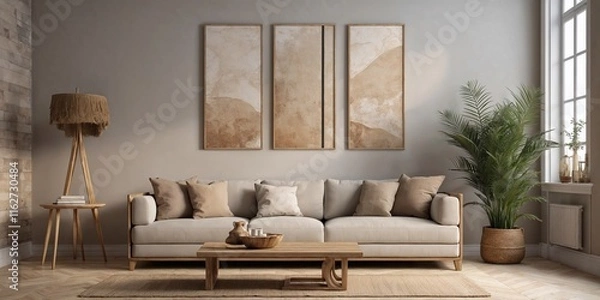 Fototapeta Mockup frame in nomadic boho interior background with rustic decor, 3d render	
