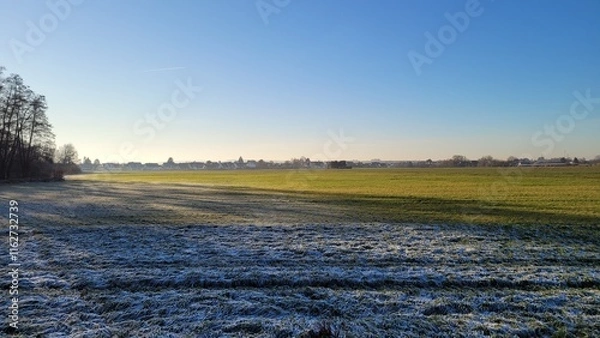 Fototapeta The skyline of the village of Wolfschlugen, Germany behind fields that are partly frozen.